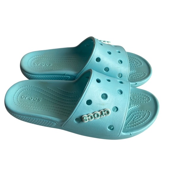 Crocs Womens Size 7 Teal Blue Classic Slide Shoes Logo Jibbitz Sandals Comfort - Picture 1 of 9